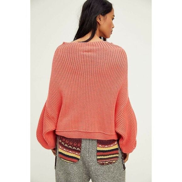 NEW FREE PEOPLE Sz S EMMY MOCK NECK PULLOVER RIBBED SWEATER IN FLAMINGO FLOWER - Picture 2 of 3
